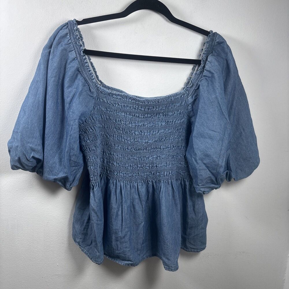 ANA New Approach Chambray Smocked Peplum Blouse LT Puff Sleeve Cottagecore - Picture 8 of 11